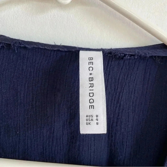 Bec & Bridge Dahlia Wrap Mini Dress Navy Blue Raw Edge Satin Classic Formal - Picture 7 of 7